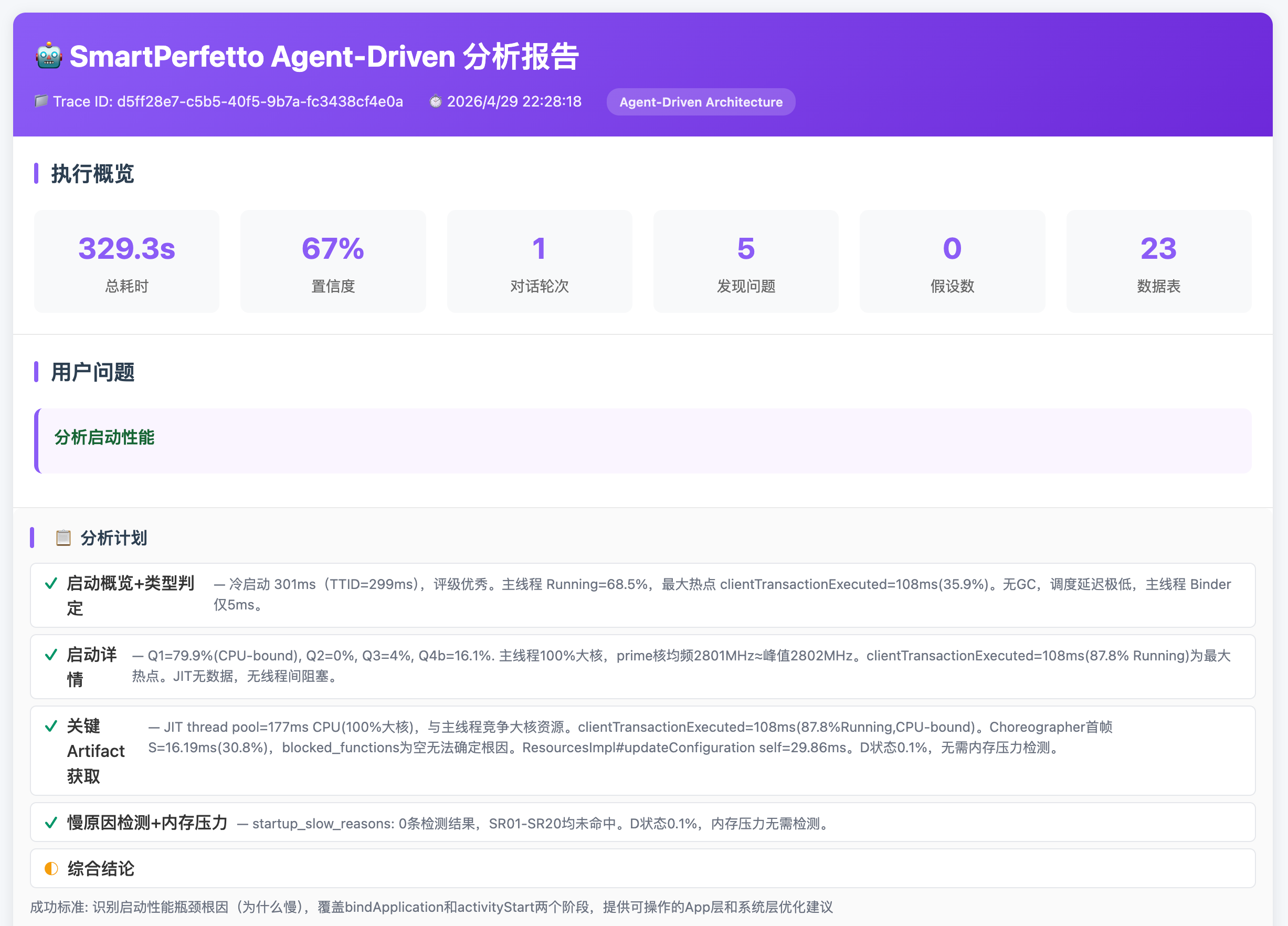 SmartPerfetto 运行截图：结构化分析报告